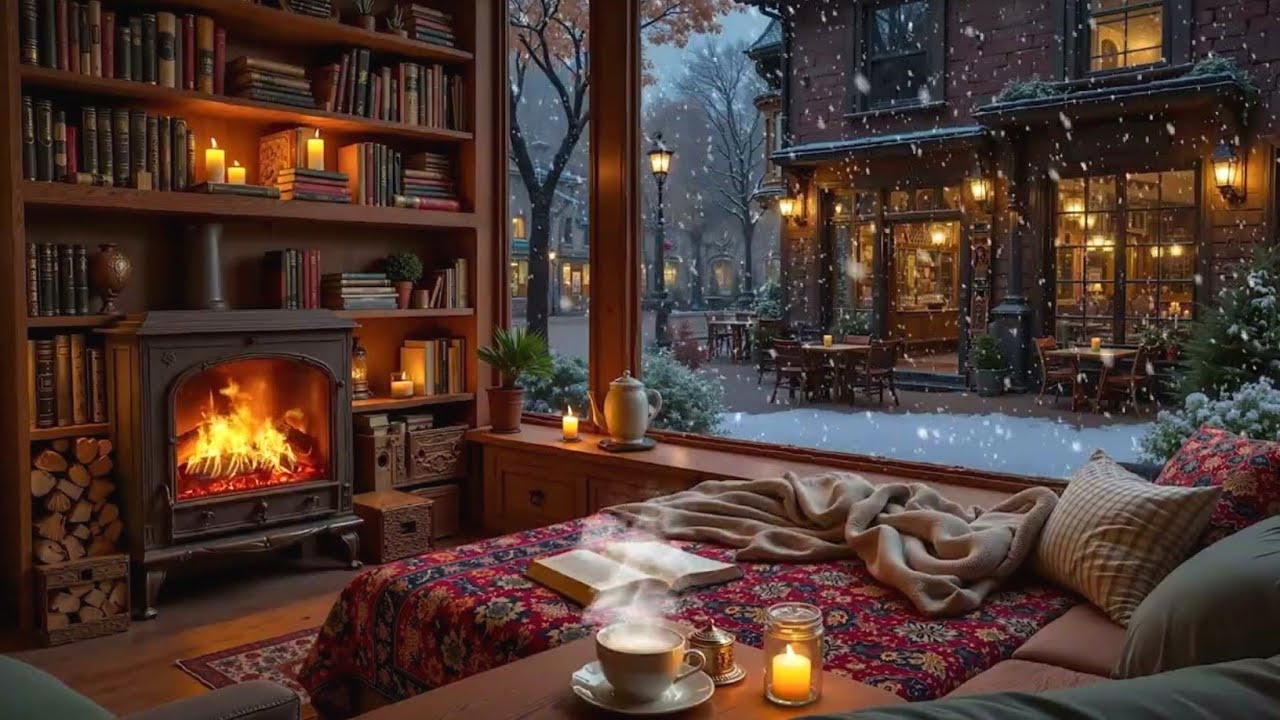 Deep Winter Night Jazz ❄️ Snowy Coffee Atmosphere & Cozy Fireplace Sounds for Studying and Focusing