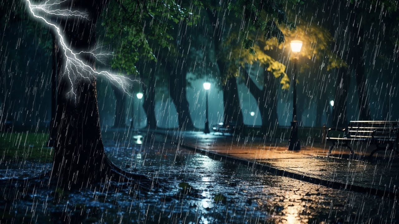 Sonido de lluvia y truenos en tranquila carretera afueras por la noche ...