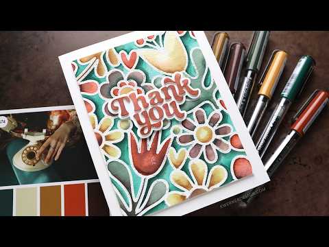 Watercoloring with Karin Brushmarker PRO Markers (Retro Flowers Week Card 3)