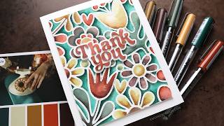 Watercoloring with Karin Brushmarker PRO Markers (Retro Flowers Week Card 3)