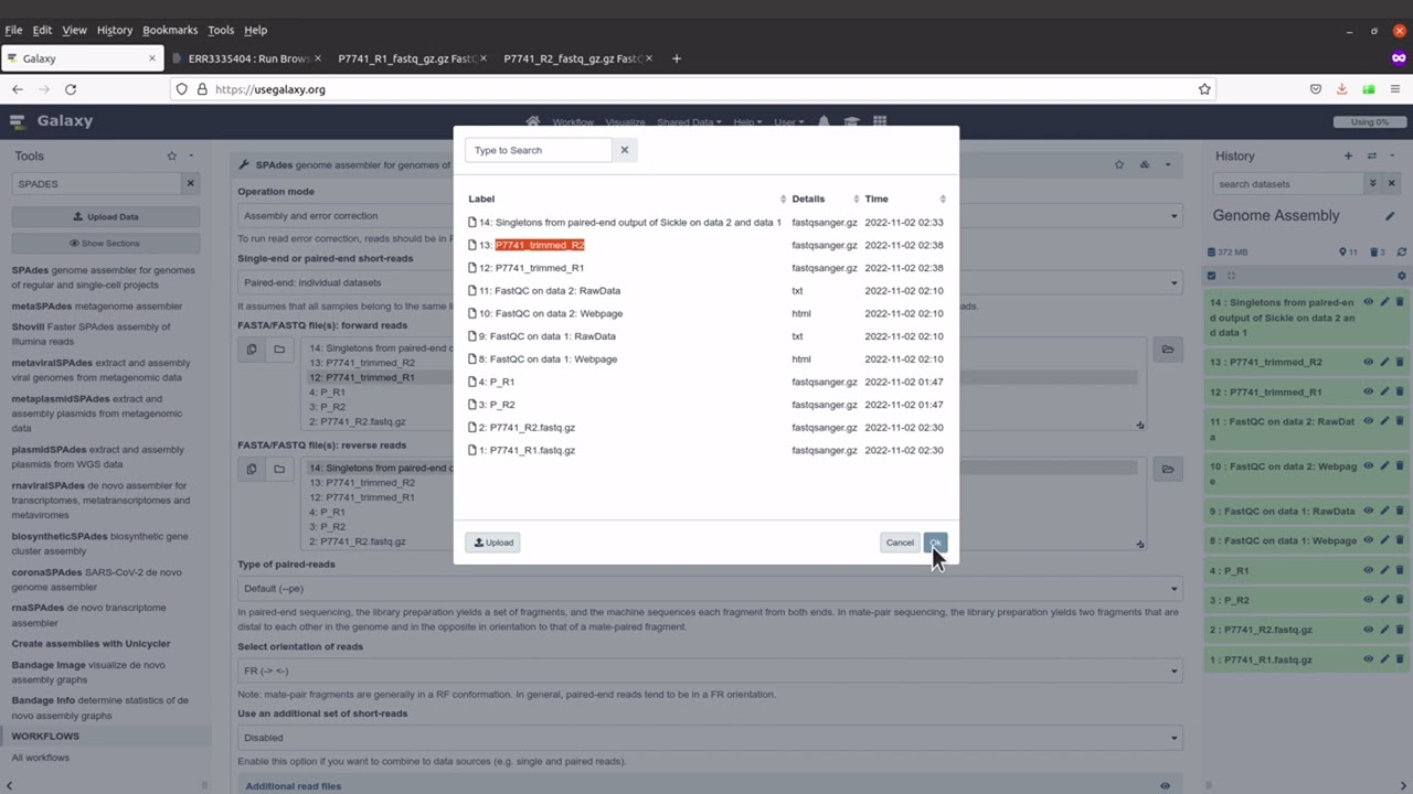 Galaxy Tutorial  | Genome Assembly SPAdes paired end  reads