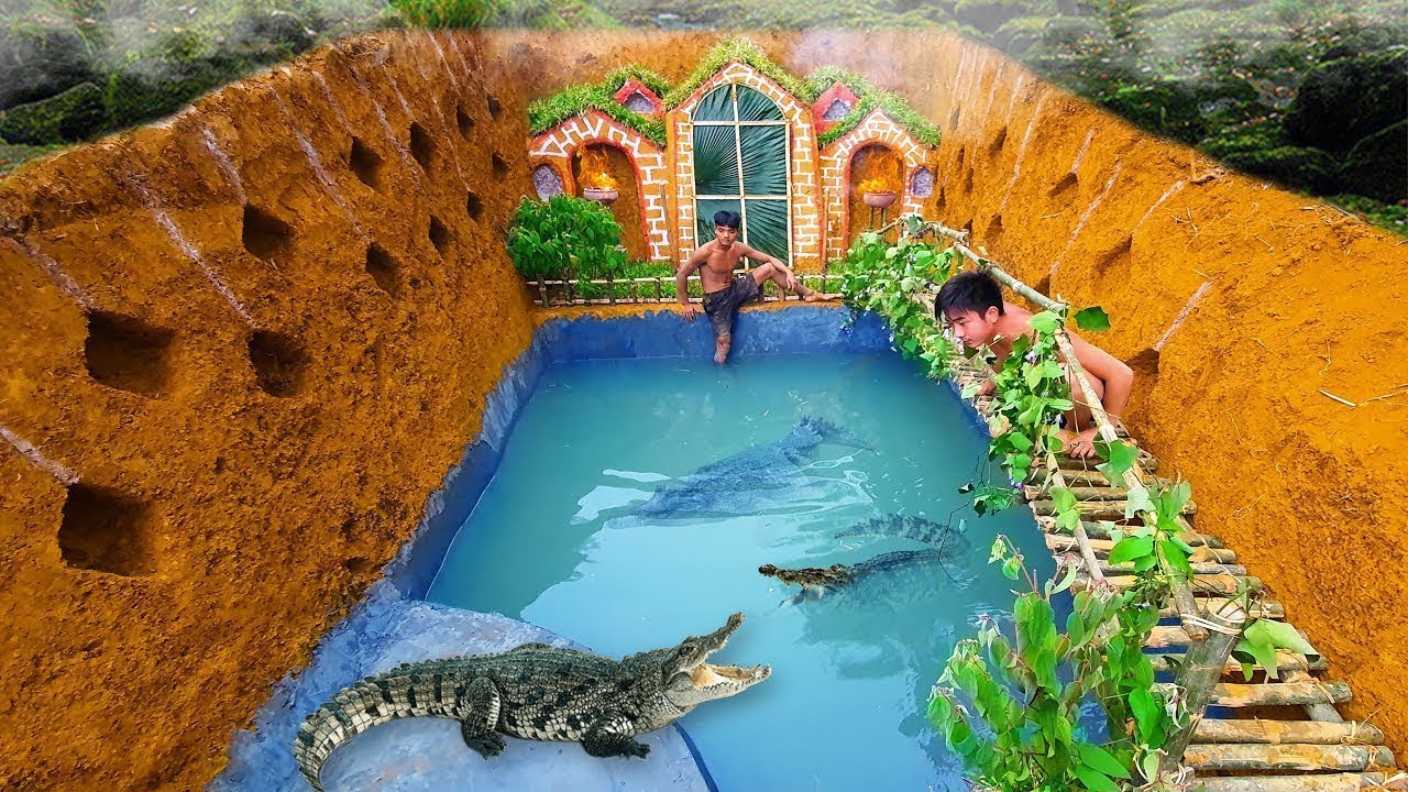 Build Swimming Pool Crocodile Around The Secret Underground House - brave wilderness