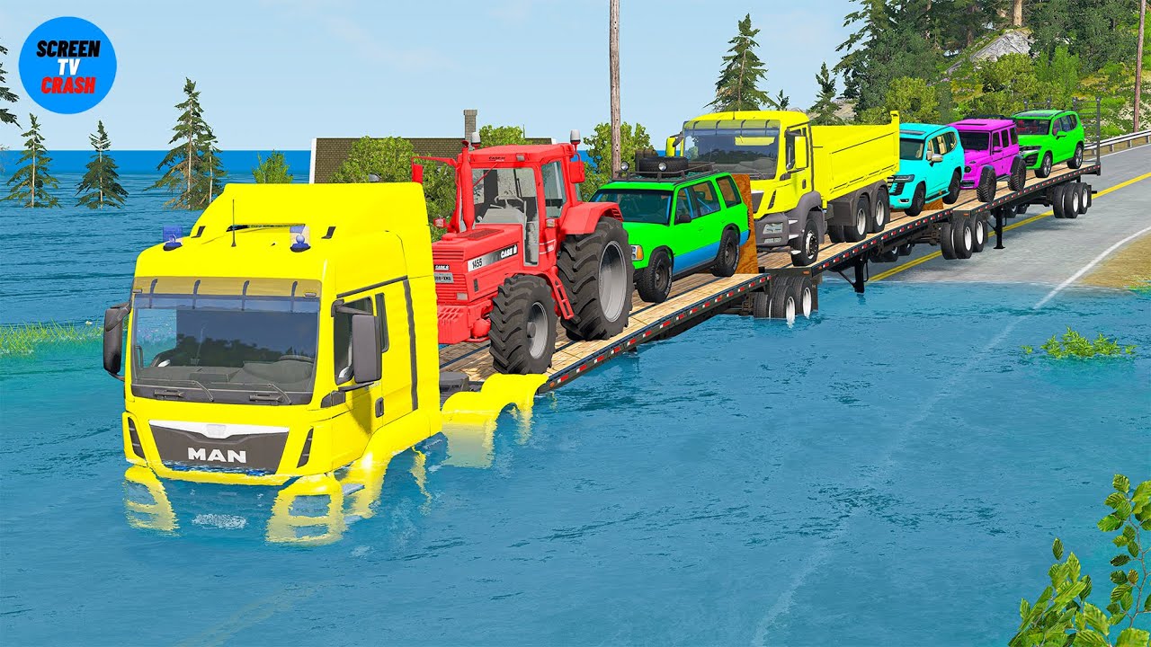 Toyota, Mercedes, Tractor, and Man Flatbed Truck vs Train – BeamNG.drive 04