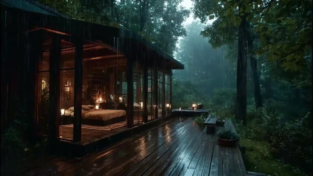 Heavy Rain with Loud Thunder on Metal Roof Cabin at Night | Sleep ...