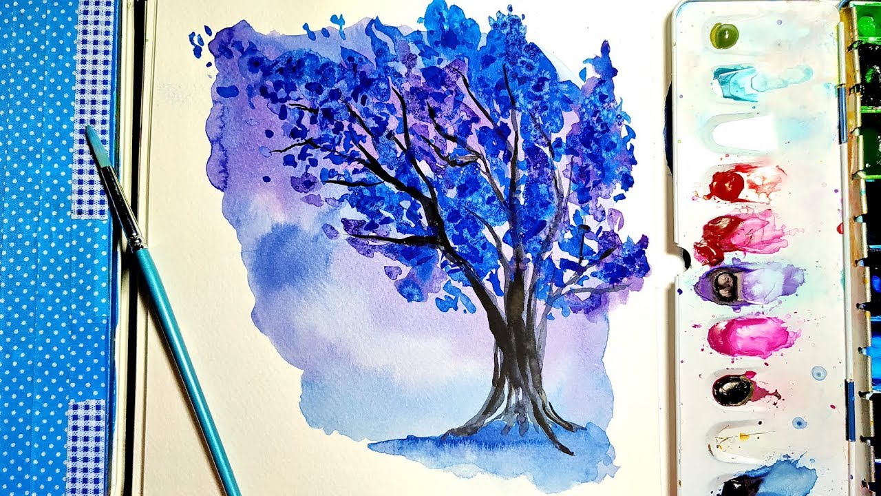 Abstract Watercolor Tree Painting Easy Art Ideas For Beginners Salt Watercolor Technique Youtube