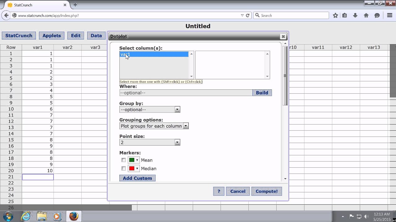 How to create a dot plot in statcrunch youtube