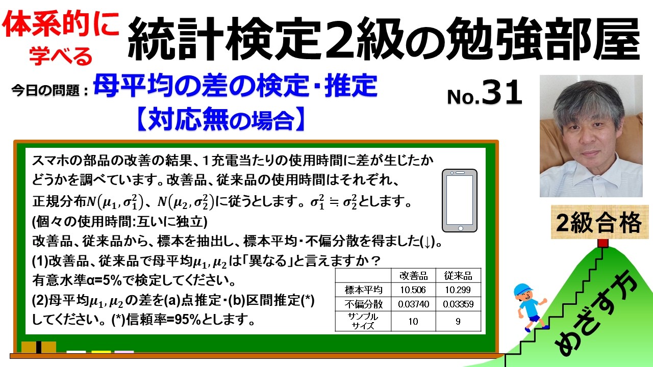 【統計検定2級 今日の問題】(31)母平均の差の検定推定【対応無の場合】をマスターしよう！