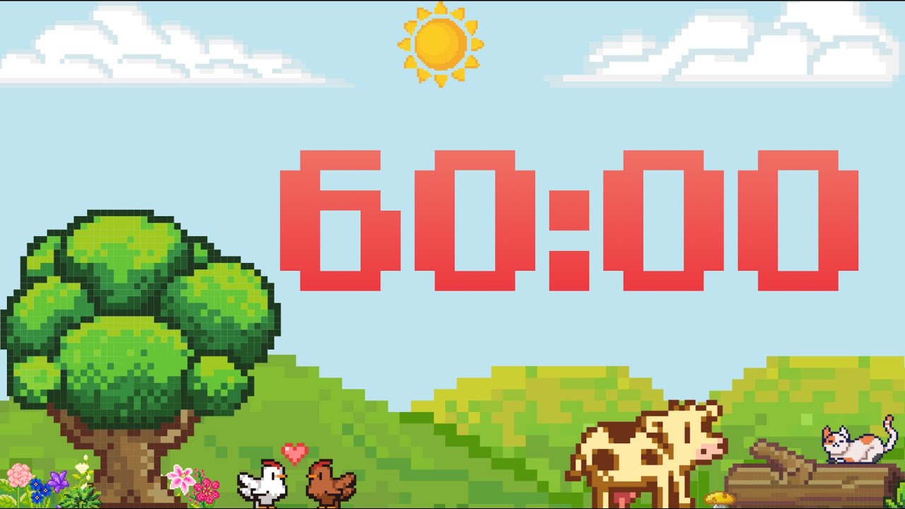 60 Minute Fun Pixel Farm Timer, No Music (Synth Bell Alarm at End)