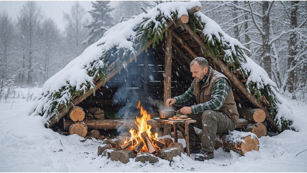 He builds a shelter for his survival in the cold winter forest