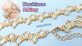 【ビーズステッチ】幾何学模様のチョーカー＆リングセット*作り方/ビーズネックレス/ビーズリング/Geometric Beaded Necklace/DIY/Beading Tutorial/bugle