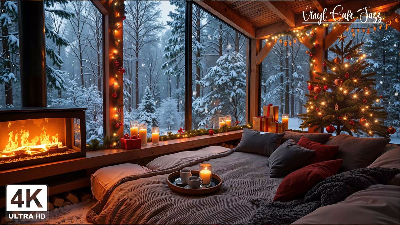 Gentle Winter Jazz Music ❄️ Cozy Cabin Fireplace with Snowy Forest Views for Deep Focus and Study