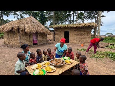 Strong Mother Prepares Lunch For Her Big Family In An African Village.
