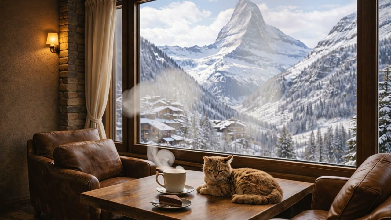 ❄️🐈 Switzerland Cat Café | Cozy Alpine Retreat | Snowy Mountain Views & Nordic Calm (1 Hour)