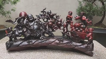 Tượng Di Lặc Ngồi Ngũ Phúc kéo tiền vàng - Gỗ Trắc Đỏ Đen liền lạc - 0394000562