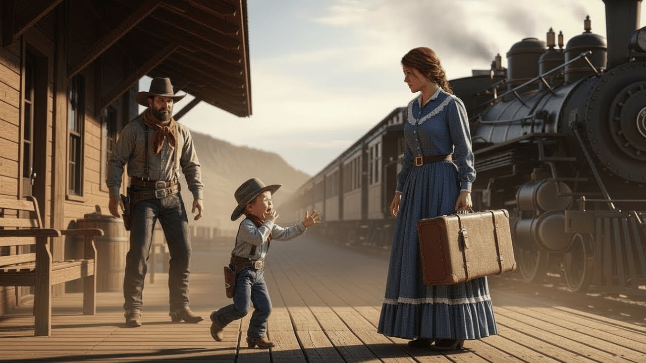 La fiancée par courrier inconnue — Le fils du cow-boy court vers elle : « Maman ? »