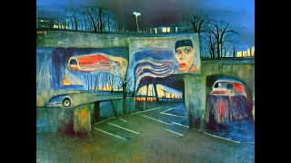 Car parking near a brutalist bridge outside Berlin in 1980, vivid cinematic unsettling scene at dusk