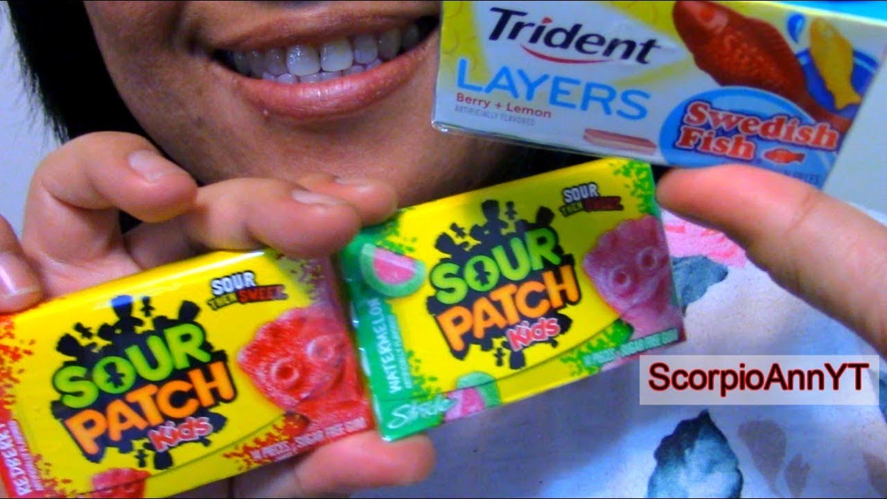 ASMR Chewing Sour Patch Kids and Swedish Fish Gum and Reading Beauty ...