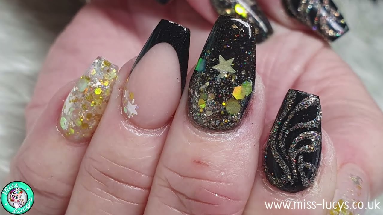 Acrylic Redesign - Black & Gold - Embedded Glitter - Textured Nail Art