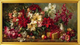 Christmas Flowers with Small Gifts | Gold Frame Vintage Oil Painting | 30 Min 4K TV Art | No Music screenshot 5