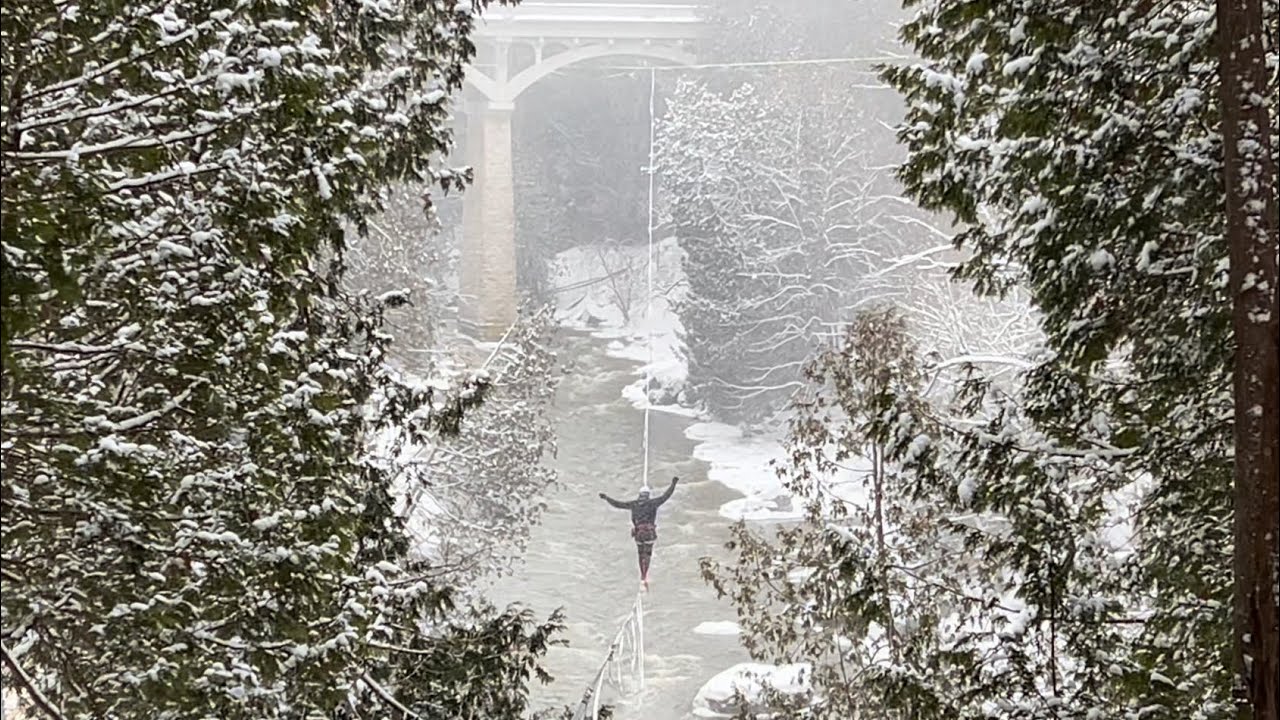 Winter Highlining - Jordo’s New Year Mission: Spaceline over a gorge with the Ontario Highline Crew