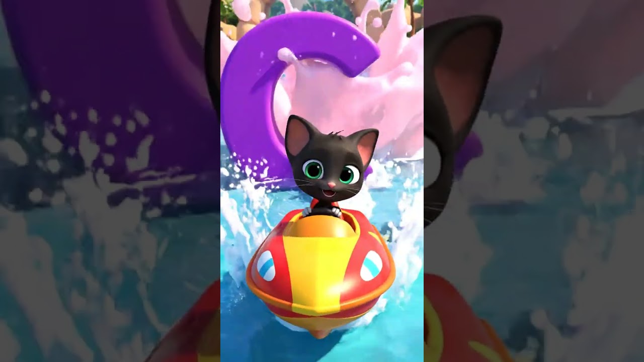 Black cat swim in a pool with boat  