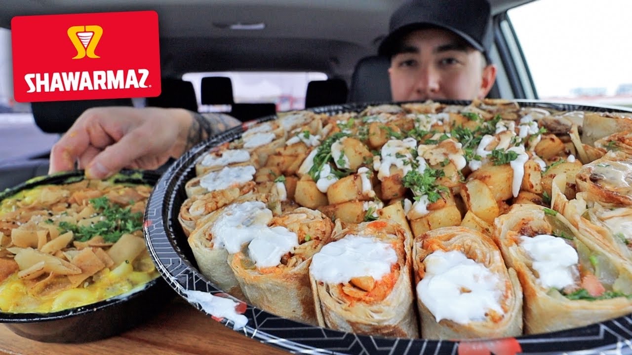 MUKBANG EATING Chicken and Beef Shawarma Sushi Platter, Beef Shawarma Mac and Cheese From Shawarmaz