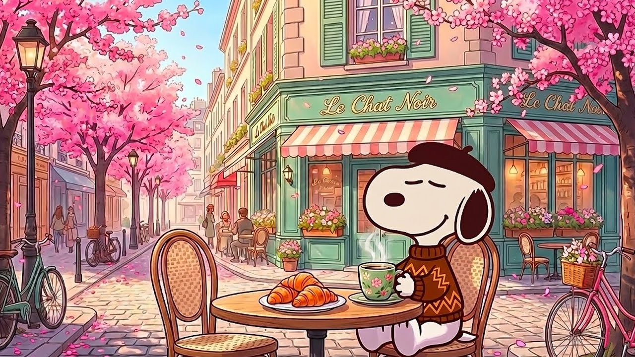 Cherry Blossom Café in Paris 🌸 Peaceful Morning with Snoopy