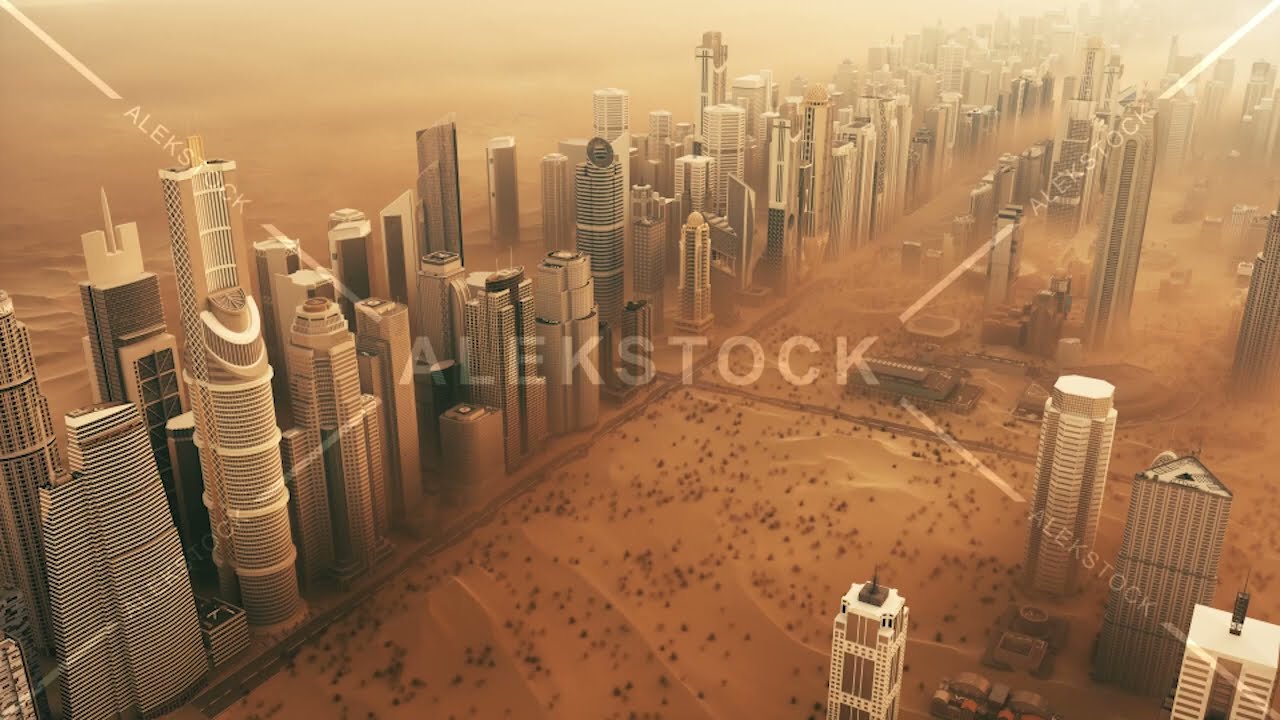 Sandstorm in the city. Dubai covered in sand