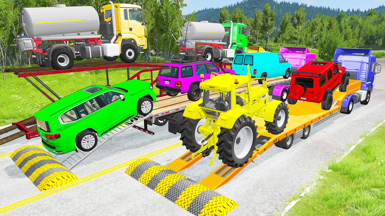Triple Flatbed Trailer McQueen Transportation with Truck - Speedbumps vs Cars vs Train - BeamNG #8
