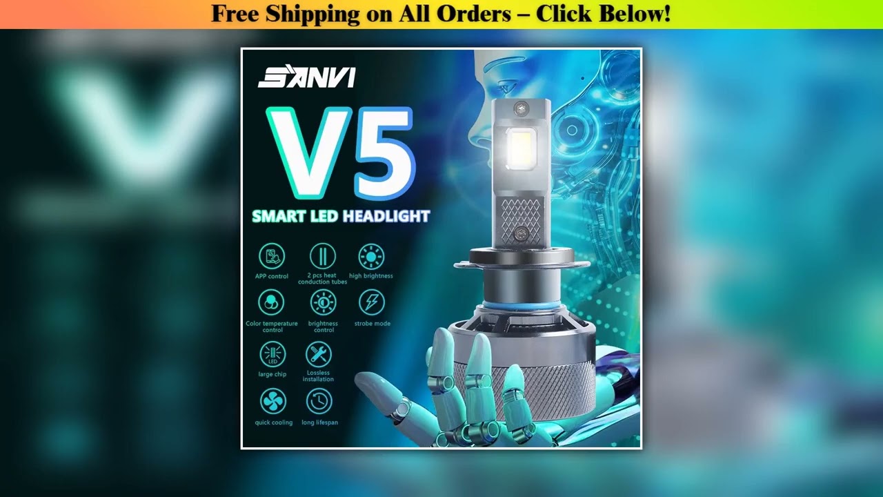 SANVI Car V5 Bluetooth APP Control LED Headlight 12V 190W 6000K Smart LED Chip For H1 H11 H4 H7