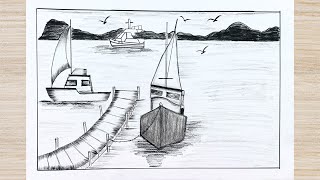 Ship Landing on a Beach Scenery Drawing With Sea and Mountain