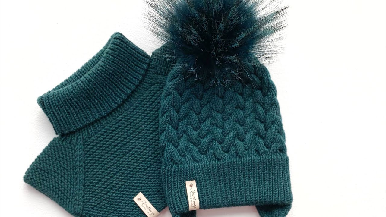 Шапка узором коса с тенью с двойной резинкой спицами