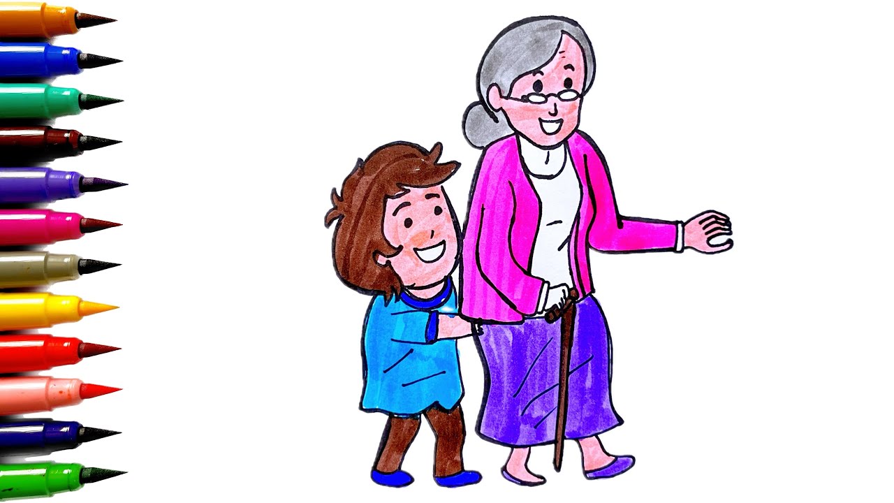How to Draw a Grandmother | Draw a Boy With his Grandma | Grandmother ...