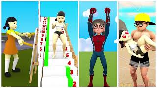 Scary Teacher vs Squid Game vs Sprunki Try Jumping and Glass Bridge Challenge | Who will Fall