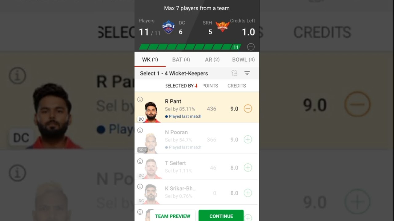 SRH VS DC Small league team / IPL 2022 / Fantasy 11 Booster / 