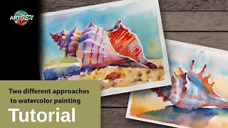 Two different ways to paint a seashell on the seashore with watercolor.