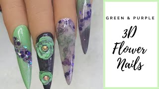 3D FLOWER GREEN AND PURPLE ACRYLIC NAILS | Nail Tutorial | The Polished Lily