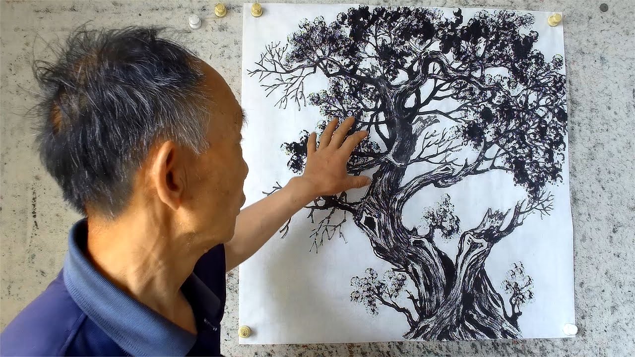 山水画:一棵孤独的老树,如何画出它的特点 - YouTube