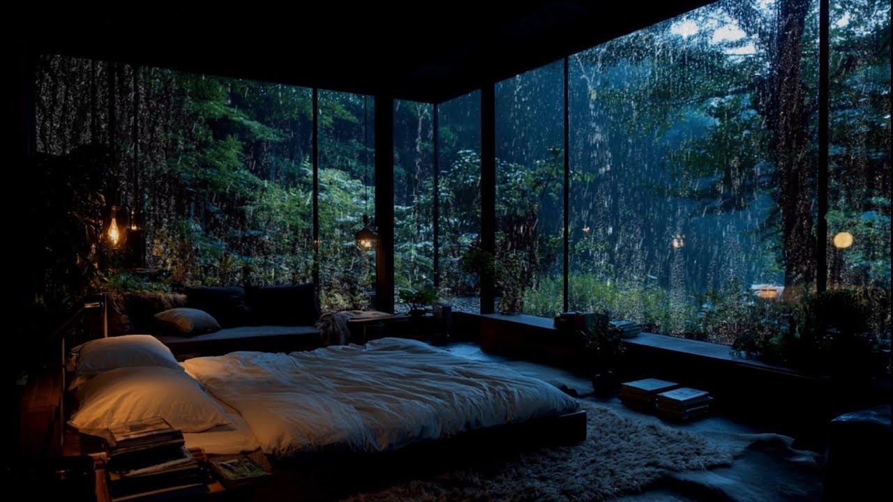 Sleep Instantly in a Rainforest Haven: Powerful Night Rain on Cabin Roof & Gentle Wind in The Trees