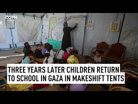 Three years later children return to school in Gaza in makeshift tents