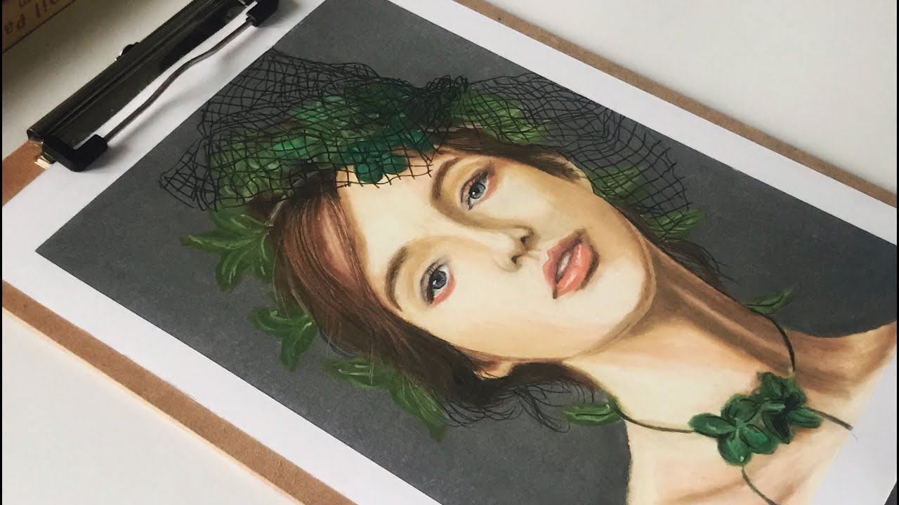 Oil Pastel Drawing - Aesthetic Girl Portrait With Green Leaf Crown