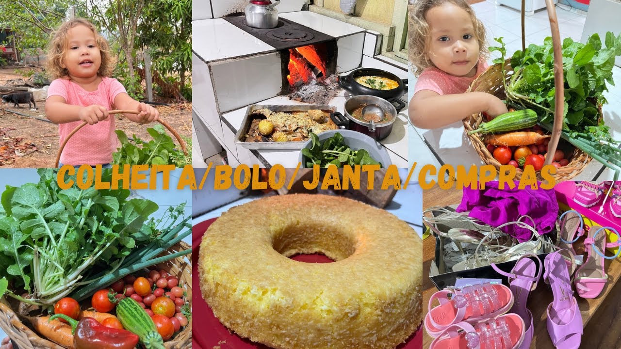 Vivendo na roça 🏠Colheita na horta/bolo de arroz cru /Janta no fogão a lenha 🪵comprinhas