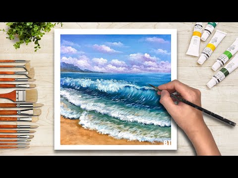 Cách Vẽ  Tranh Phong Cảnh Biển Đơn Giản - Coastline Seascape| Acrylic Painting #07 | BT Art Drawing