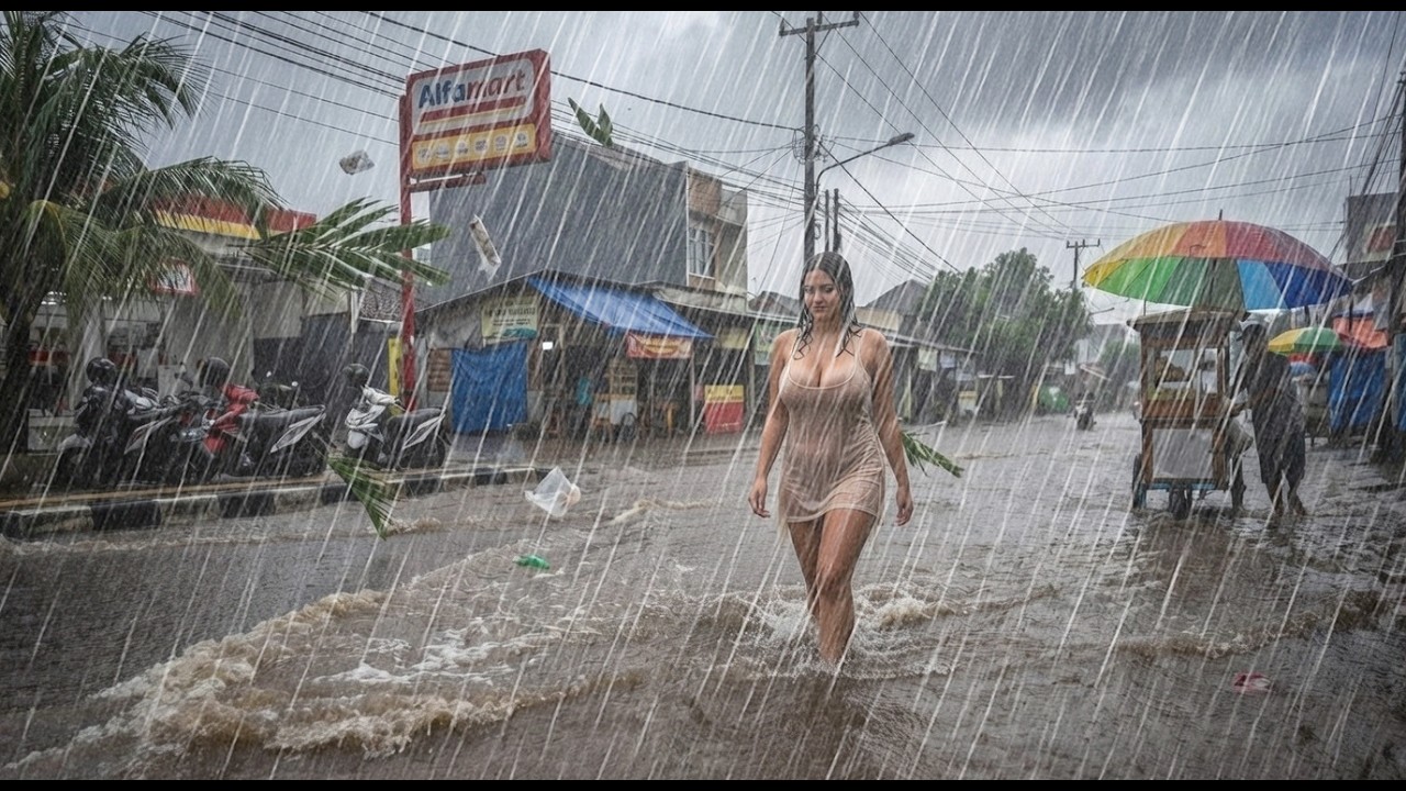 ЧРЕЗВЫЧАЙНО сильный дождь и ветер в скрытой деревне — звуки дождя для сна