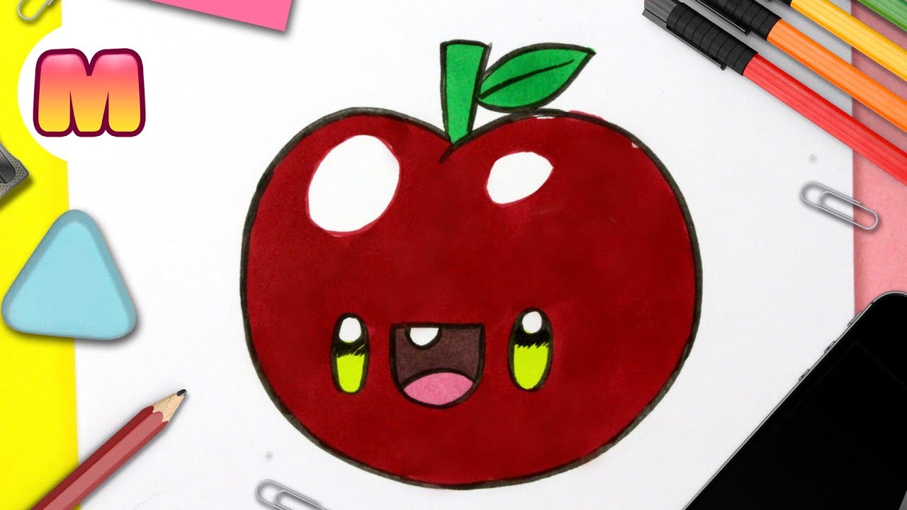 COMO DIBUJAR UNA MANZANA KAWAII - Como dibujar comida kawaii - Aprender a dibujar