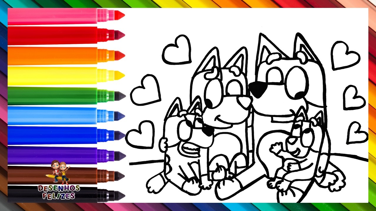 Desenhar e Colorir Bluey e Sua Família 🐶❤️🧡💛💚💙💜 Desenhos para Crianças
