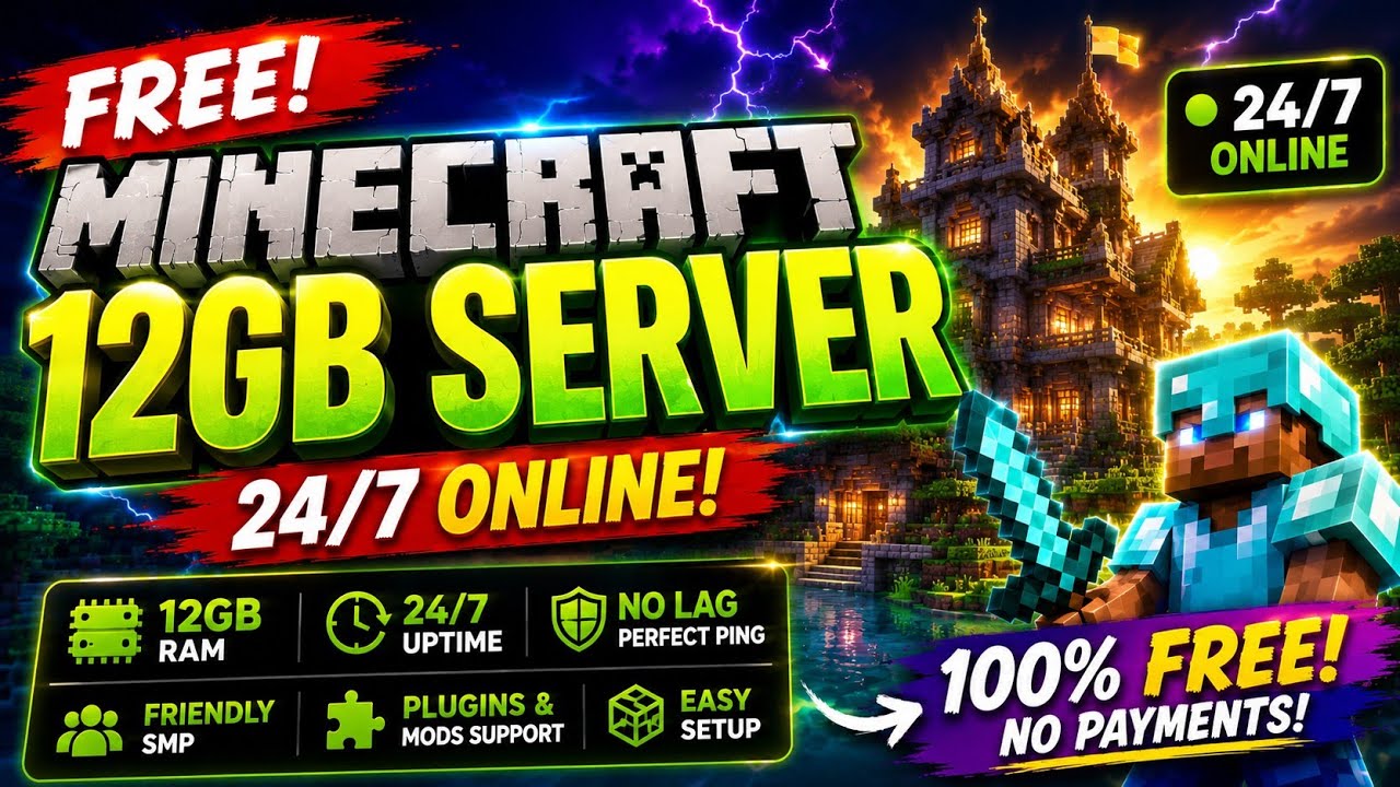 FREE Minecraft 12GB Server Hosting 24/7 | No Lag & DDoS Protected - YouTube