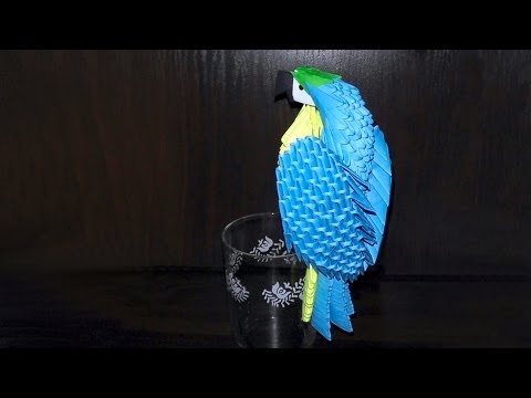 How to make a paper bird (a blue-and-yellow macaw, a parrot). 3D origami tutorial (instruction)