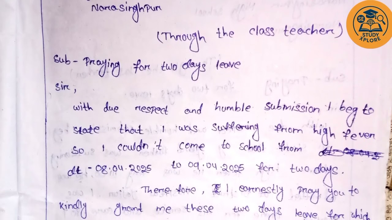 Write an application for 2 days leave 