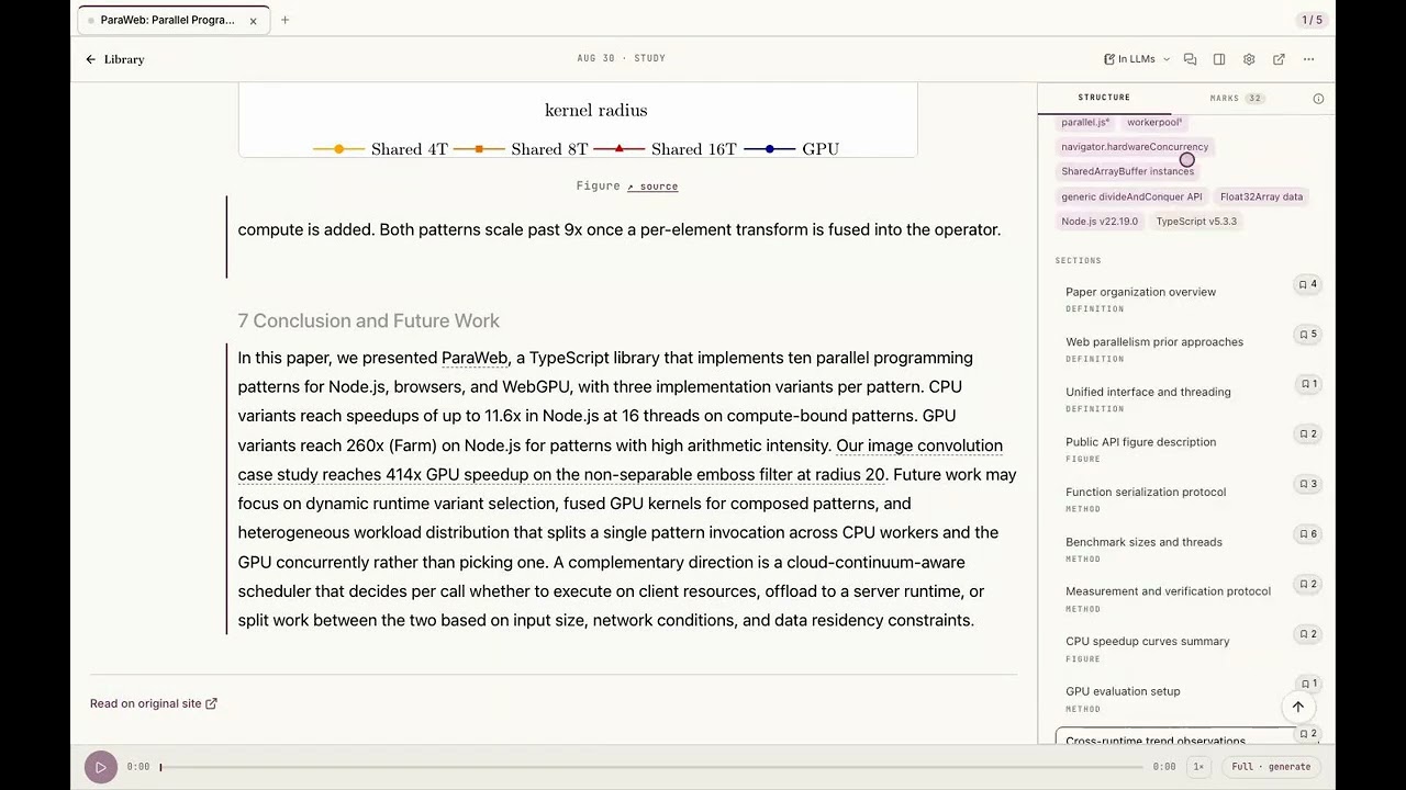 An arXiv paper open in the Omphalis reader with its typed sections listed in the side rail